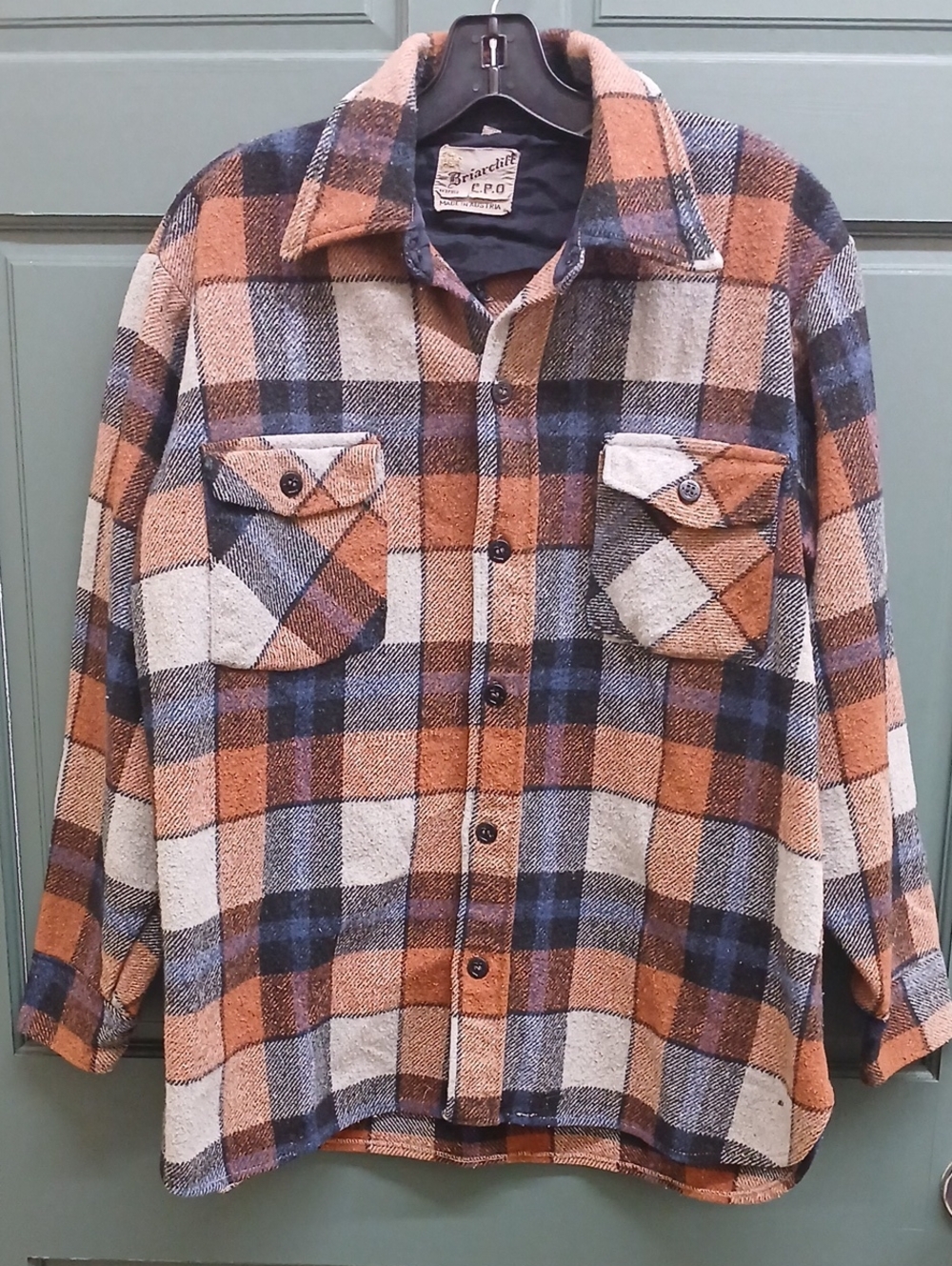 Briarcliff Vintage Plaid Button-Front Wool Shirt Rust Blue Cream Size Large
